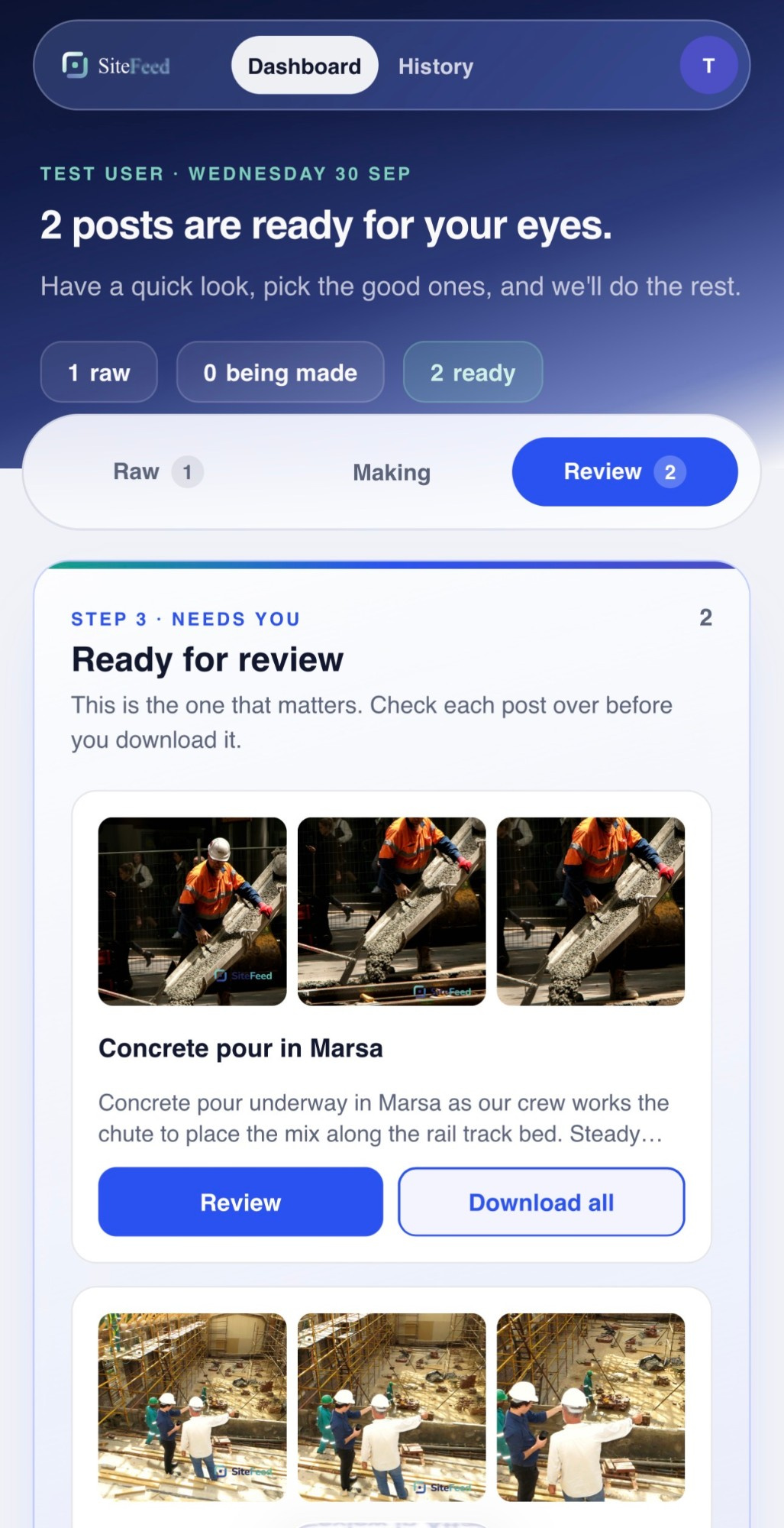 The SiteFeed dashboard on a phone, showing posts ready for review